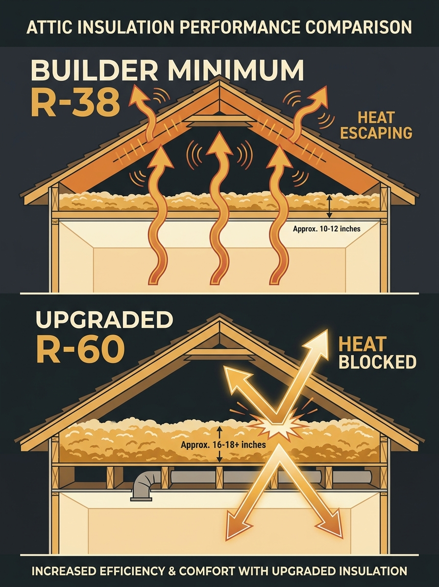 Comparison of builder minimum R-38 insulation with heat escaping versus upgraded R-60 with heat blocked