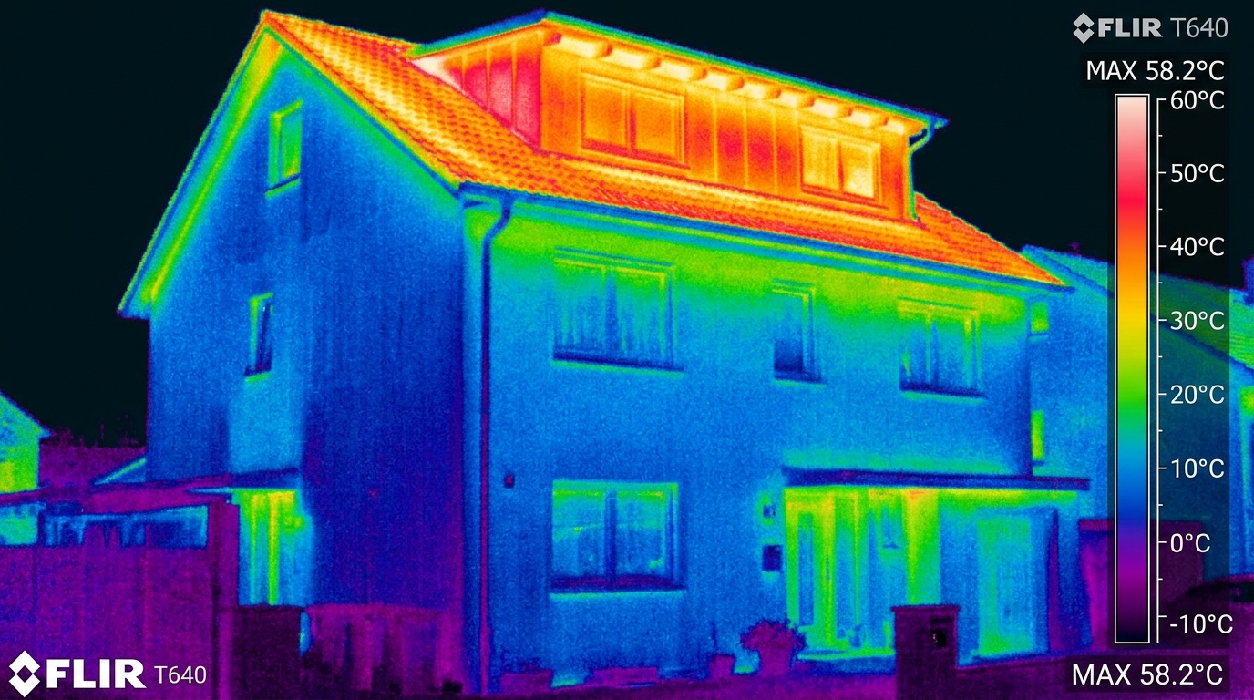 Thermal infrared view of a home showing massive heat transfer through the roof and attic